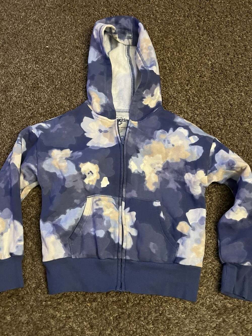OshKosh B'gosh Blue Floral Print Zip-Up Hoodie Sweatshirt Size 8/8A
